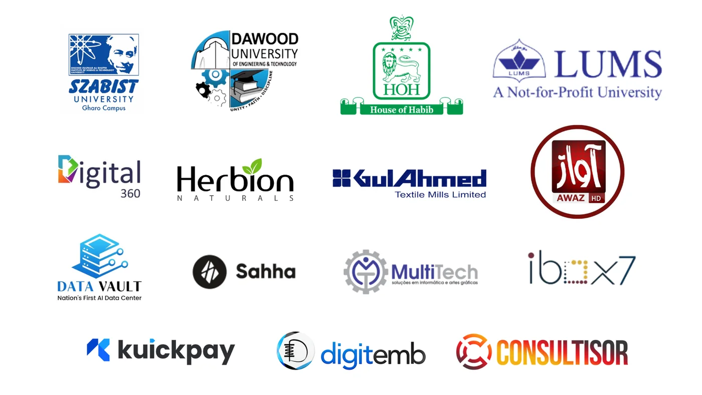 PrimXact clients including SZABIST, Dawood University, House of Habib, LUMS, Gul Ahmed, and more